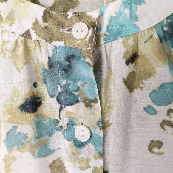 Van Heusen Artsy Watercolor Floral Smock Blouse Cap Sleeve Earthy Green Top Sz M - Picture 8 of 14